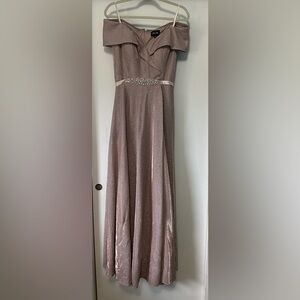 Elegant Xscape Off-Shoulder Glitter Evening Gown